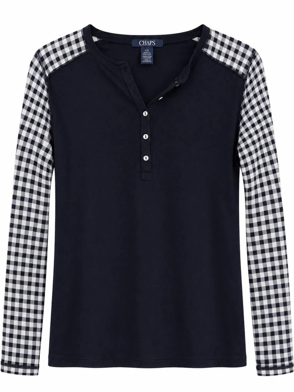 Vintage Chaps Black Henley with Black & White Gingham Long Sleeves